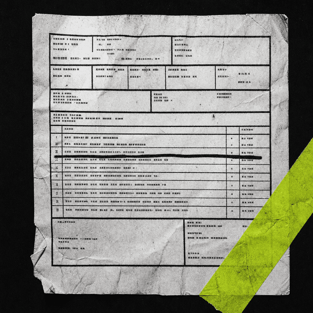 A parking-ticket style form, one row struck out in heavy black ink, acid tape across the corner